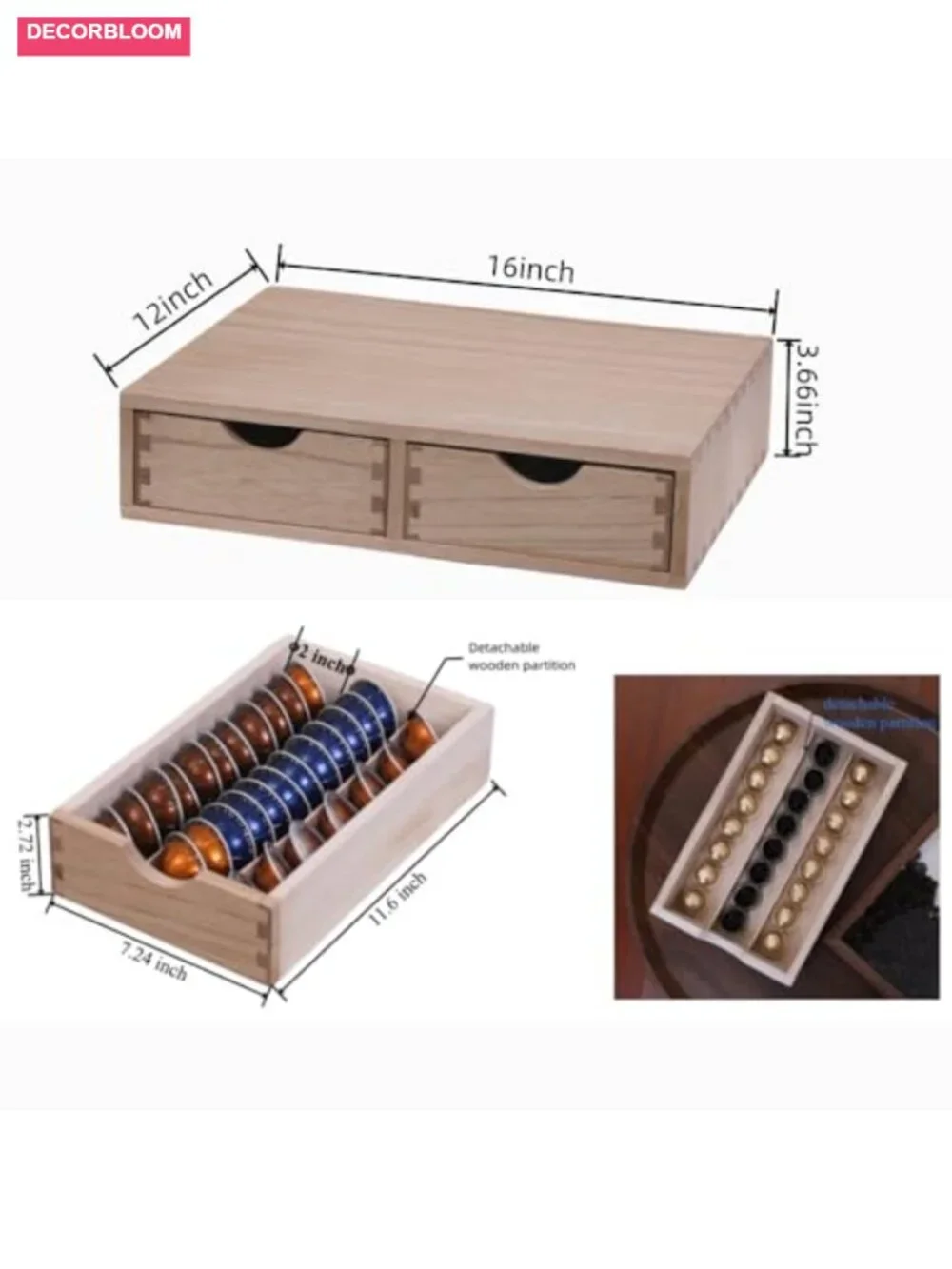 Wood Coffee Pod Storage Drawer Organizer with Placemat